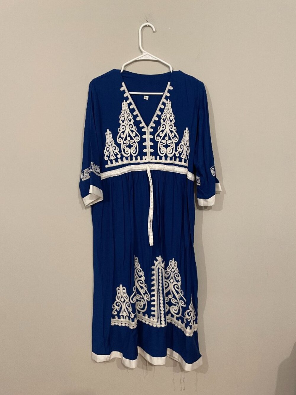 Royal Blue White Embroidered Moroccan Kaftan Knee length Dress Belted M